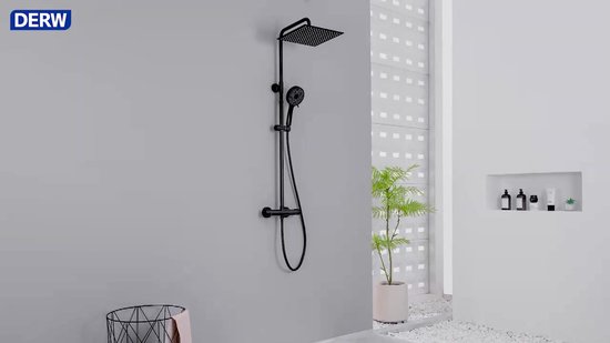 Douchesysteem met thermostaat, zwart, roestvrij staal, regendouche, doucheset met mengkraan, douche-armatuur, mat-douchekop 30 x 30 cm, handdouche 8 x 8 cm, verstelbare douchestang 80 cm tot 120 cm