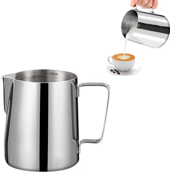 Pichet à mousse de lait - Acier inoxydable - 350 ml - Avec graduations - Pichet à mousse de lait - Pichet à lait - Ergonomique - Convient pour la préparation de Café, lait, mousse de lait, crème, jus et autres boissons - Argent