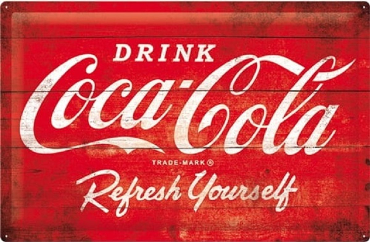 Coca Cola Logo Red Refresh Yourself. Metalen wandbord in reliëf 40x 60 cm.