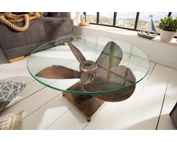 Maritieme salontafel OCEAN M 60cm gevlamd koper rond scheepspropeller glazen blad - 39255