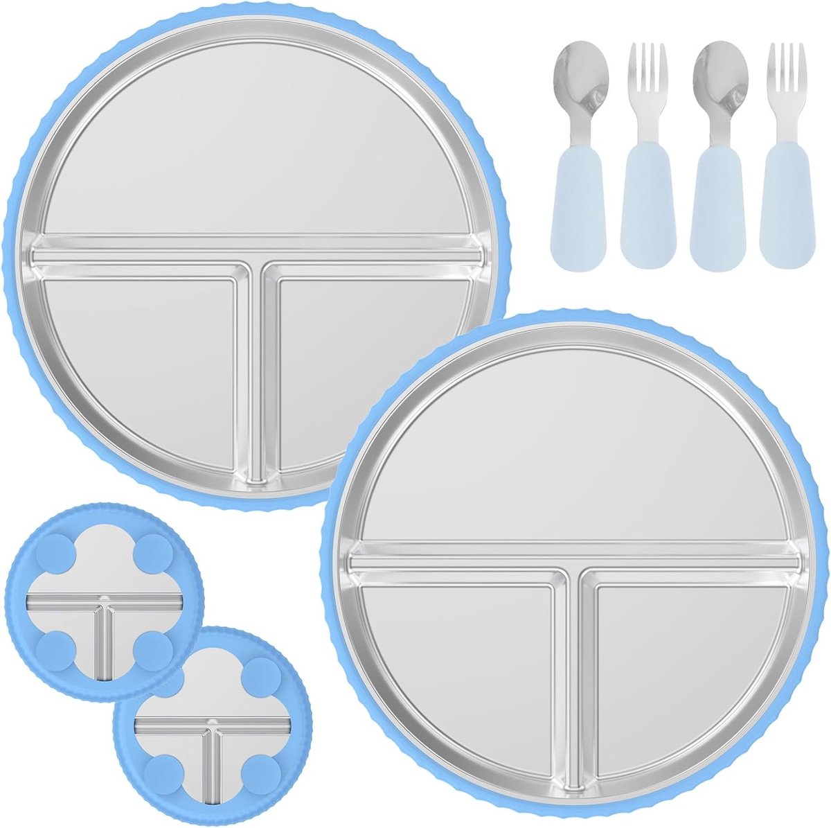 Image of 2 stuks roestvrijstalen zuignap voor peuters - 9 inch siliconen zuignap voor baby's - inclusief 2 stuks lepel-vork bestek voor peuters - 3-delige uitneembare voedingsset voor kinderen - essentiële babyvoeding - Grijsblauw