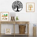 L'arbre de vie en métal noir est suspendu à un mur blanc au-dessus d'une console en bois avec des décorations.