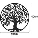 Décoration d'arbre de vie en métal noir de 40x40cm avec deux oiseaux sur les branches, représentée avec des dimensions.