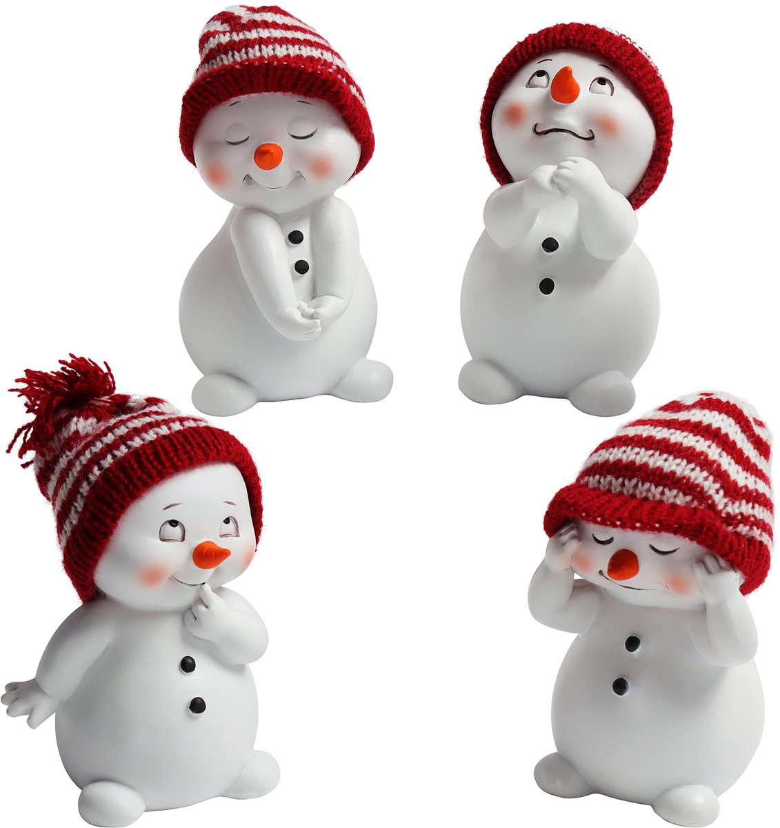 Assortiment van 4 winterse miniaturen sneeuwpopfiguren met rode hoeden voor kerstdecoratie.
