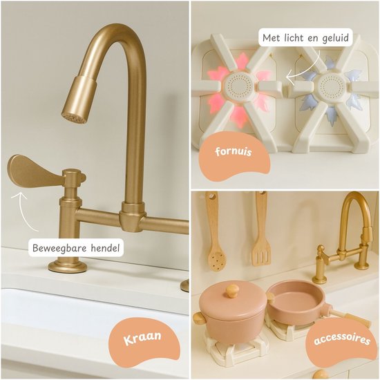 Maxx kidz - Houten Speelgoed Keuken - Complete Speelkeuken - Wit Keukentje - Stevige Kinderkeuken met Accessoires - Speelgoedkeuken met Licht, Geluid en Pannetjes