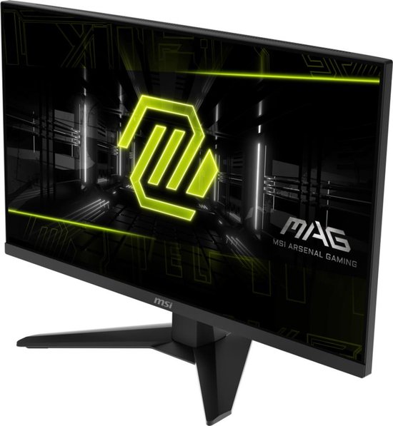 Zwarte MSI gaming monitor met groen MAG-logo, schuin van voren gezien.