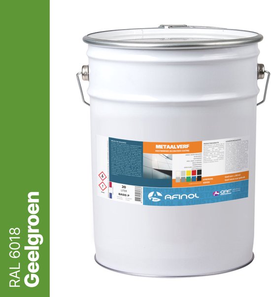 Afgesloten witte metalen emmer van 20 liter met het label 'Metaalverf Geelgroen RAL 6018'.
