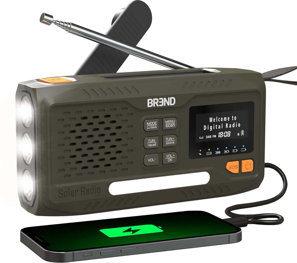 Noodradio met DAB en FM - Bluetooth Speaker - SOS-Alarm - Powerbank - LED-Zaklamp - USB-C - Oplaadbaar met Zonnepaneel en Zwengel - BREND BR-2244