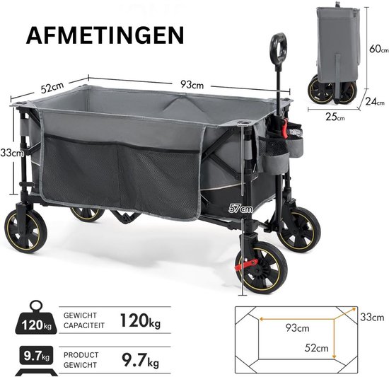 DailySupplies® Bolderkar Opvouwbaar Luchtbanden - Strandwagen - Bolderwagen - Zwart en Grijs van DailySupplies — afbeelding 5