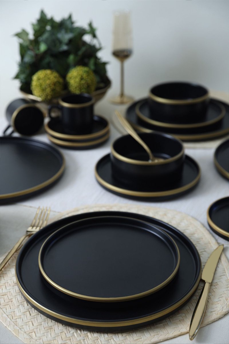 Keramika Serviesset - Mat Black/Gold Stackable - 20 delig - 4 persoons - Stoneware