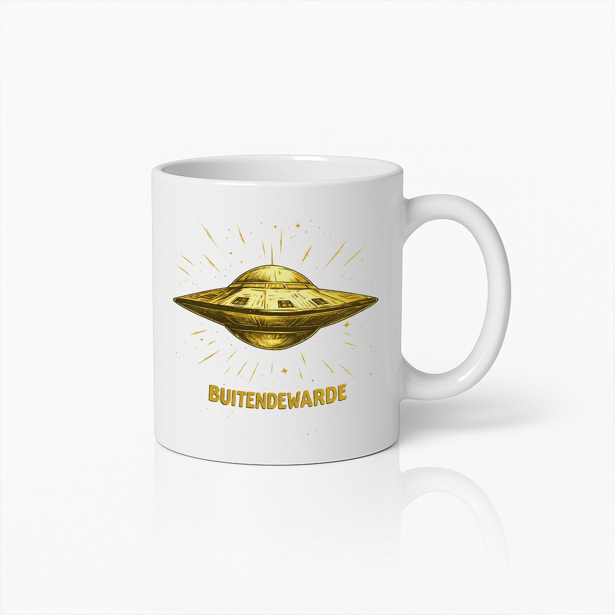 Buitenaards UFO Ontwerp Koffiemok – Unieke Buitenaardse Themakop met 'Buitendewarde' Tekst