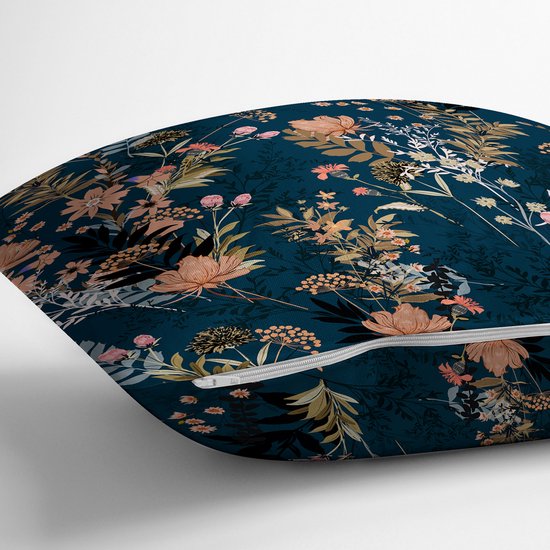 Sierkussen en velours - 45x45 - Fleurs sur fond bleu foncé - Coussin intérieur inclus - Imprimé recto verso