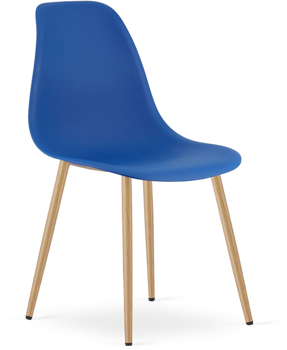 Stoel WAT – Blauw, Houtlook Metalen Poten, Kunststof Zitting – Modern en Ergonomisch – Geschikt voor Eetkamer, Woonkamer, Keuken, Thuiswerkplek, Kantine en Wachtruimte – Eenvoudige Montage