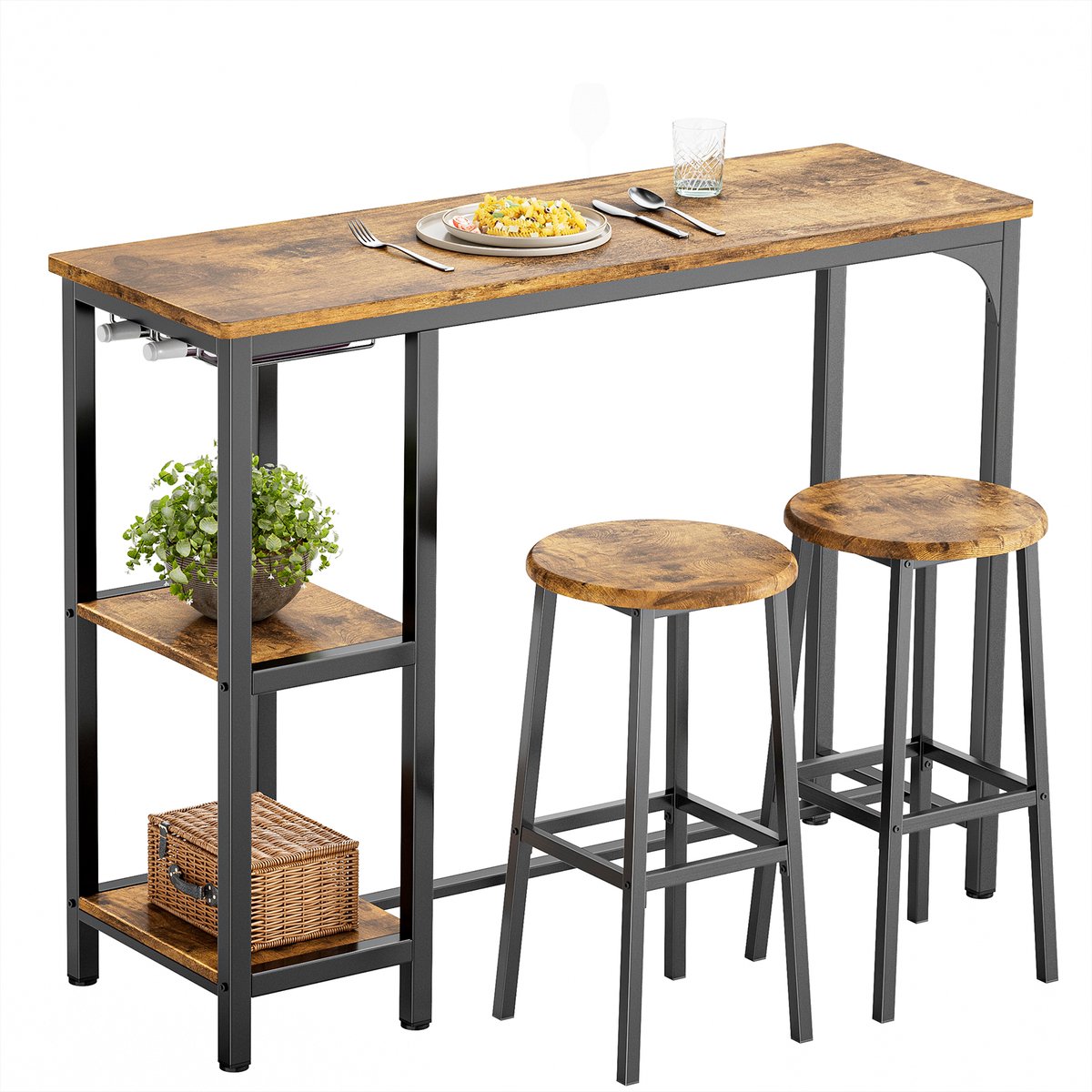 Xbro Bartafel met 2 Barkrukken – Industriële Bartafelset met 2 Planken en Glashouder – Ideaal voor Keuken, Woonkamer en Eetkamer