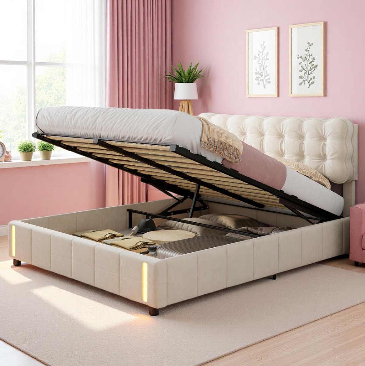 Hydraulisch Tweepersoonsbed 160x200cm met Opbergruimte, LED Bedlamp en Beige Fluwelen Bekleding