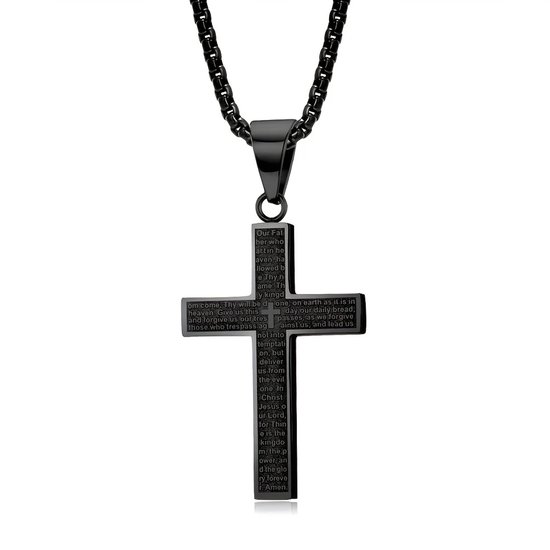 Collier Croix en acier inoxydable noir 60 cm – Gravé de la prière du Notre Père – pour homme et femme