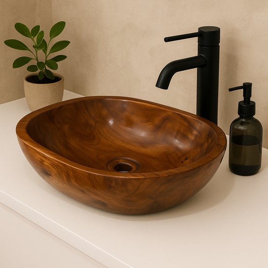 Lavabo ovale en bois de teck Lendo Online 40x30x12 cm - Lavabo en bois pour salle de bain ou WC - Lavabo - Vasque à poser - Formes et veinures de bois uniques
