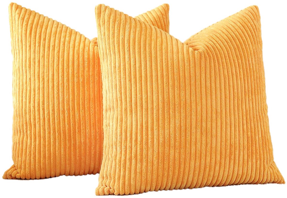 Ibenzoa Set van 2 stijlvolle corduroy kussenhoezen voor bank en woonkamer, decoratieve sierkussens, 45 x 45 cm, oranjegeel