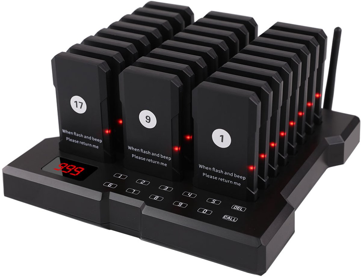 Horeca Pager Systeem 24 Stuks – Touchscreen Zender – Waterdicht & Oliebestendig – 550m – Trillen/Flash/Beep