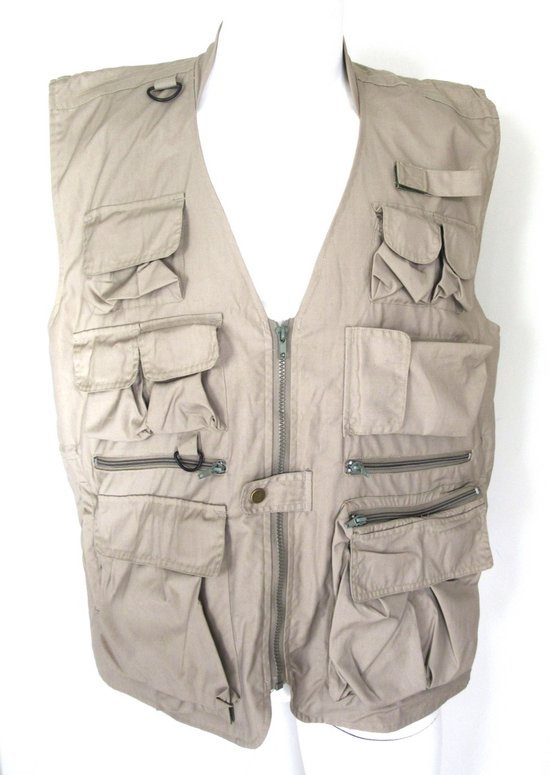 Khaki outdoor bodywarmer met V-hals, ritssluiting en veel zakken.