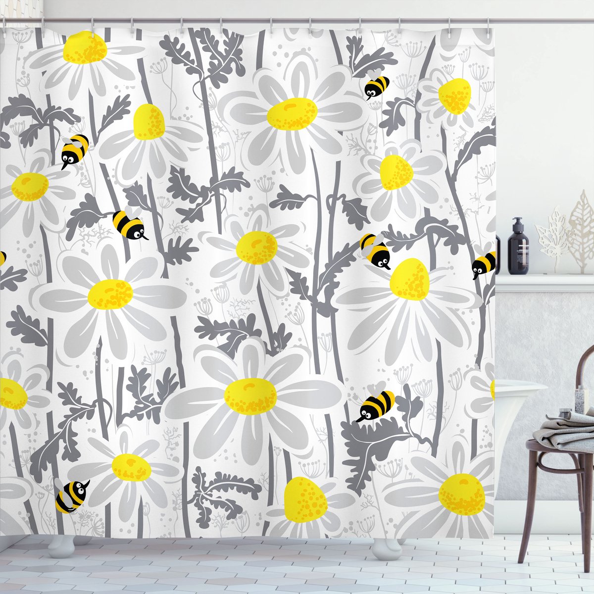 New Bed, Bloemen Daisy Leaf Lente Tijd Douchegordijn Badkamer Decor Set met Haakjes, 175 cm B 240 cm L
