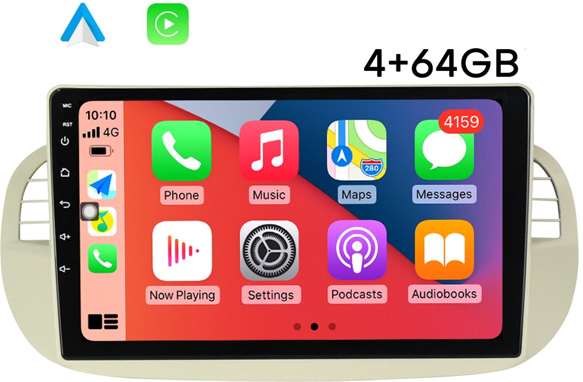 Boscer Autoradio - Geschikt voor Fiat 500 2007-2015 - Android 15 - Apple Carplay & Android Auto (Draadloos) - 4+64GB - 9 Inch HD IPS Touchscreen - GPS, WIFi, Bluetooth, USB, MP5 - Wit/Beige - Achteruitrijcamera & Microfoon