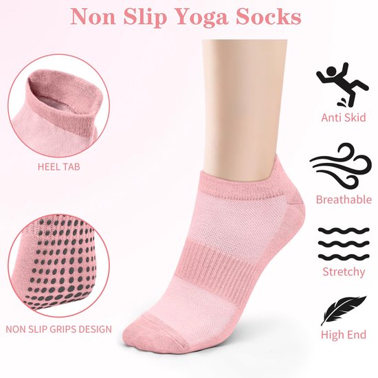 Yoga Sokken Antislip Dames - 6 Paar - maat 36-41 - Yoga Enkelsokken - pilates sokken antislip- Huissokken Dames anti slip - Voor Yoga Pilates Ballerina Ballet - Roz&Grijs&Zwart — afbeelding 3