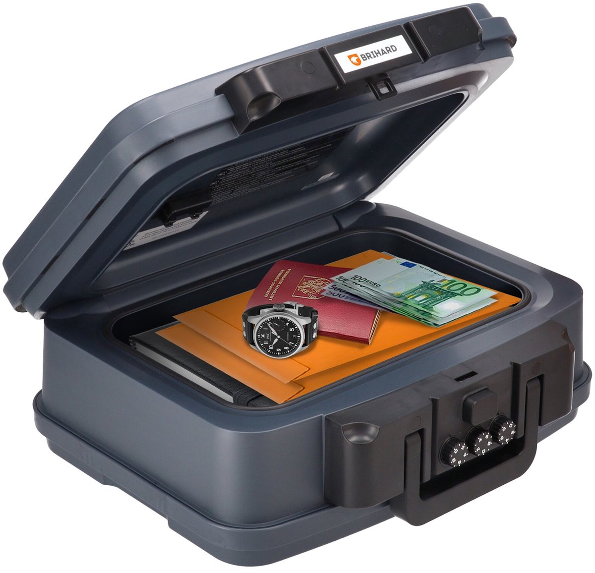Brihard Portable Fire Chest 2117N - Brandwerende Documentenbox & Waterdichte Safe - UL 72 Gecertificeerd 30 Min - Mechanisch Cijferslot - Geldkistje & Reiskluis - A5/B5 Dossiermappen - Kantoor & School Archivering - Zwart - Vuurvaste Kluis