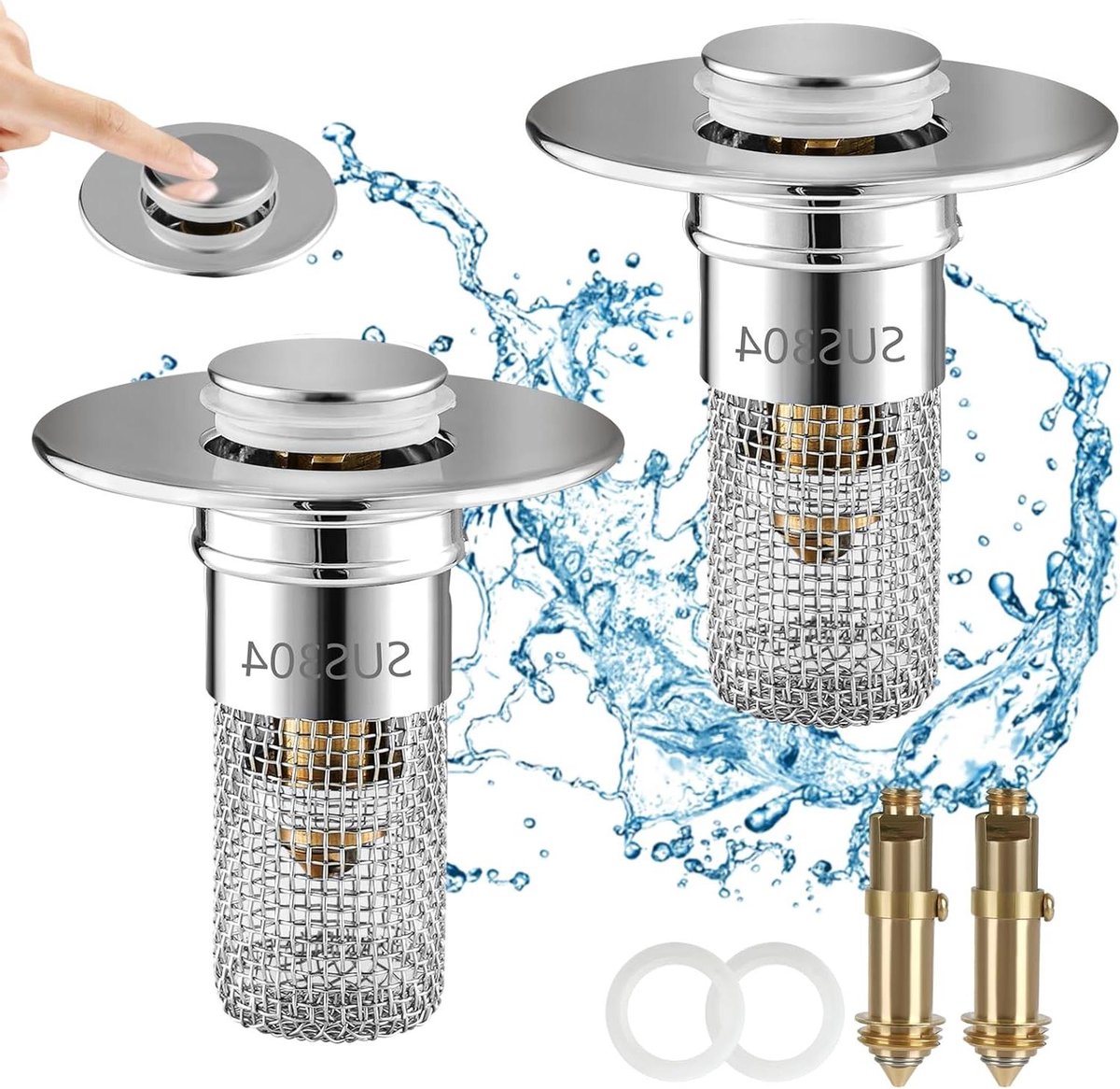 Goedkoopste Allecto Plus - Pop-up wastafelstop met haarzeef voor badkamer en keuken - set van 2 stuks, van roestvrij staal - geschikt voor afvoeren van 28-34 mm