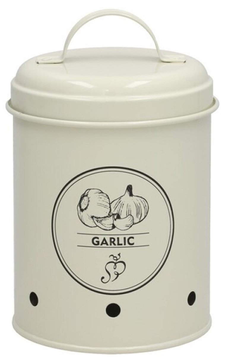 Gerimport Knoflook bewaar pot/blik - metaal - creme - 11 x 17 cm - voorraad/bewaar pot