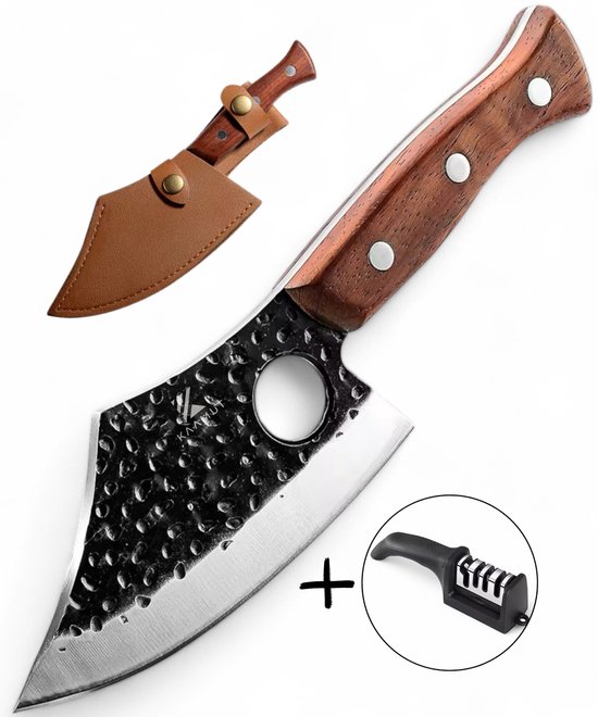 Couteau de chef professionnel Kaamut® - Couteau de BBQ et de barbecue - 14,5 cm - Acier martelé - Tranchant comme un rasoir - Finish noire - Manche en bois de santal - Étui en cuir - Coffret cadeau de Luxe