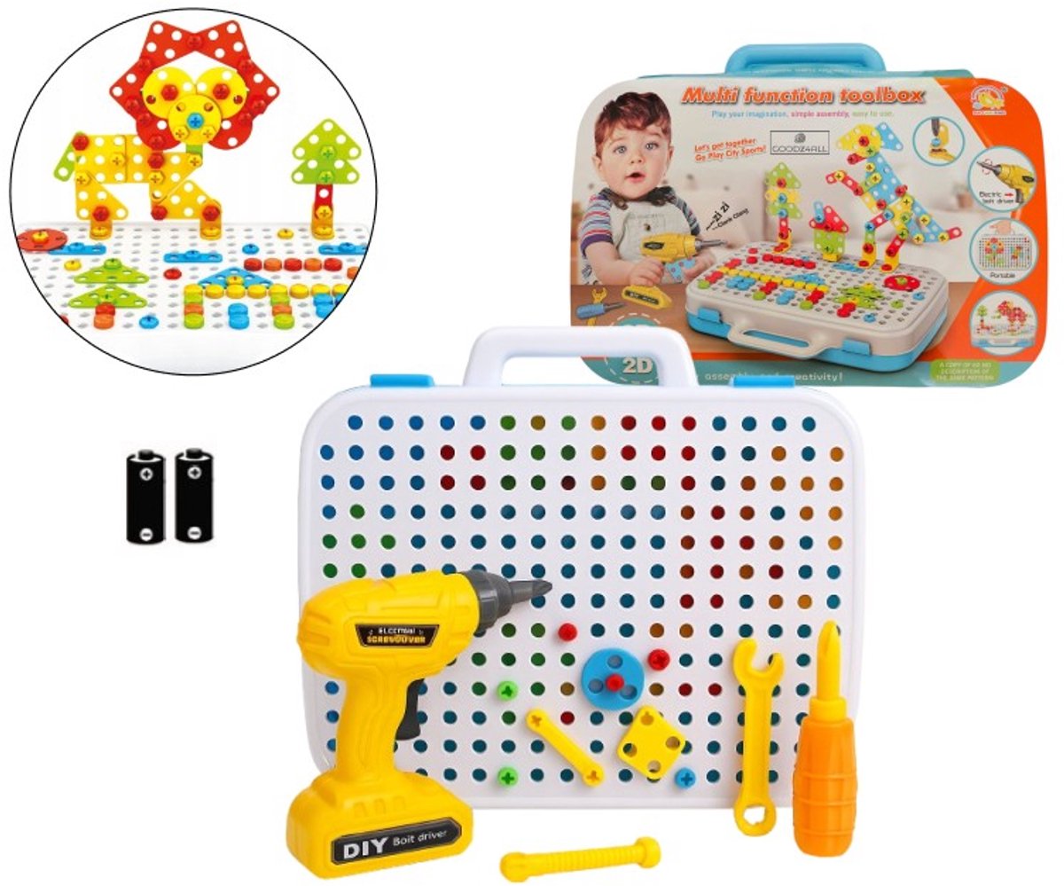 Goodz4All 107-Delig Educatief Speelgoed Constructie-3D Puzzel met Batterijen - Bouwspeelgoed Elektrische Boor Schroefmachine - Speelgoed Gereedschapskoffer