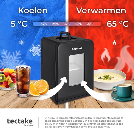 Zwarte minikoelkast met aan de ene kant fruit en een drankje, aan de andere kant soep en koffie. Tekst over koelen en verwarmen.
