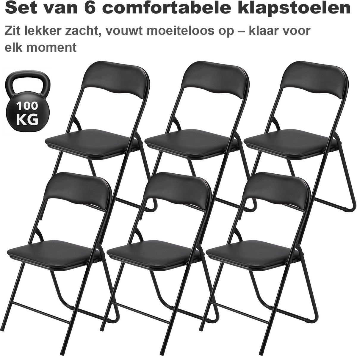 Bardi Set van 6 - Klapstoel - Vouwstoel - Opvouwbare Stoel - Comfortabel & Lichtgewicht - 100kg draagkracht - 43 x 38 x 87 cm - PVC - Eettafelstoel - ZWART ZWART 6 set