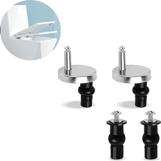 RVS toiletbril scharnieren met zwarte rubberen plugs en schroeven.