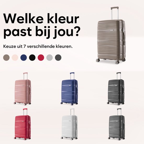 Weergave van zeven koffers in verschillende kleuren: bruin, roze, blauw, zwart, rood, grijs en lichtroze. Tekst 'Welke kleur past bij jou?'.