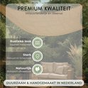 Beige schaduwdoek met de tekst 'Premium Kwaliteit'. Kenmerken: rustieke look, sterk, natuurlijk. Duurzaam en handgemaakt in Nederland.