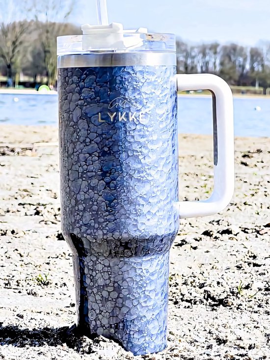 Gobelet LYKKE® 3 couches (Unique) avec couvercle à 3 positions 40 oz 1,2 L | Paille et poignée intégrées | Porte-gobelet de voyage | Tasse isotherme en acier inoxydable | Sans BPA | (Marbre gris Massief )
