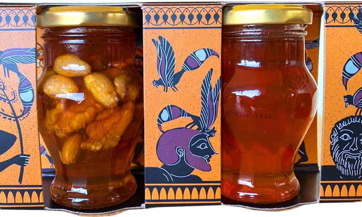 Ancient Greek Secret: Authentieke Pure Honing uit Wilde Bloemen en Kruiden – Met of Zonder Noten – Premium Ambachtelijke Honing in Traditionele Amphora (2x130g)
