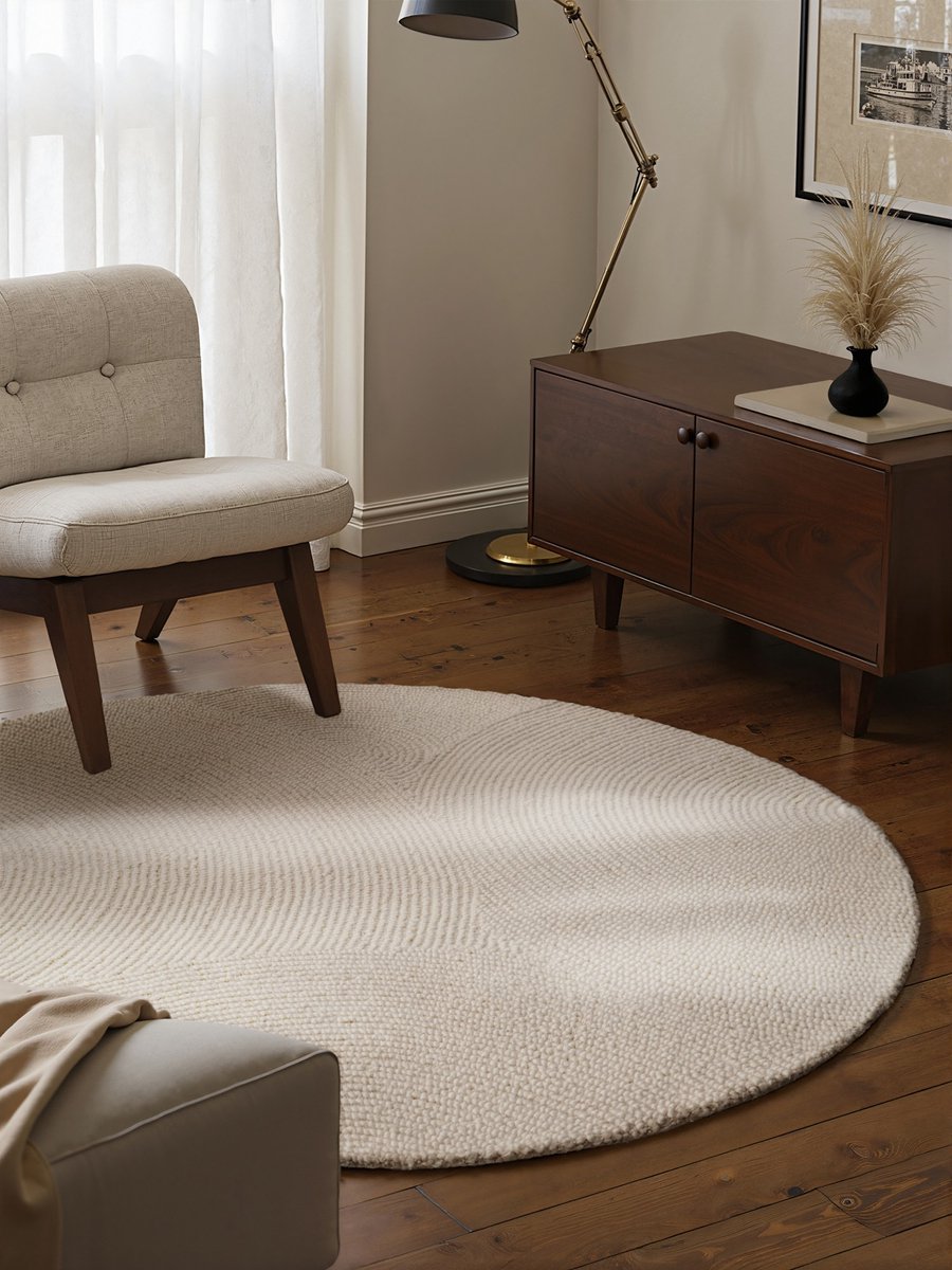 flycarpets Calmio Rond Wollen Vloerkleed Crème - Laagpolig - Japandi / Scandinavisch - Ø 150 cm rond