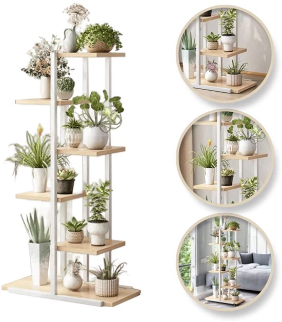 Étagère à plantes blanche à 6 étagères en bois, garnie de plantes. Collage avec gros plans et une scène d'intérieur.