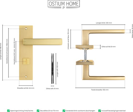 Ostiumhome® - Ferrures de porte- Poignée de porte sur bouclier court avec serrure WC 64 mm - Or Mat - Avola