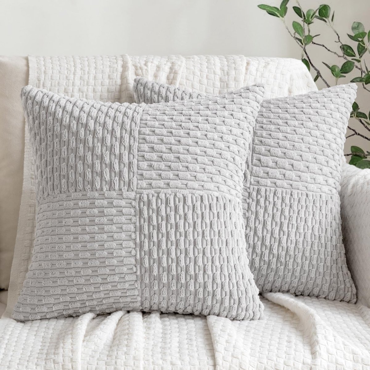 Unyqoos Set van 2 stijlvolle corduroy kussenslopen met patchwork design voor bank en slaapkamer grijs