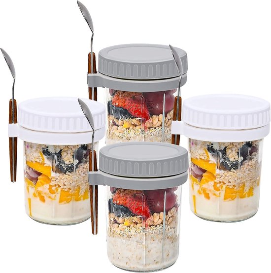 Allecto Plus - Nachtelijke Havermoutcontainers Set van 4 met Deksel en Lepels - Glazen Potten 16 oz - Ideaal voor Granen, Fruit, Groente, Salades en Yoghurt - Lekvrij Design