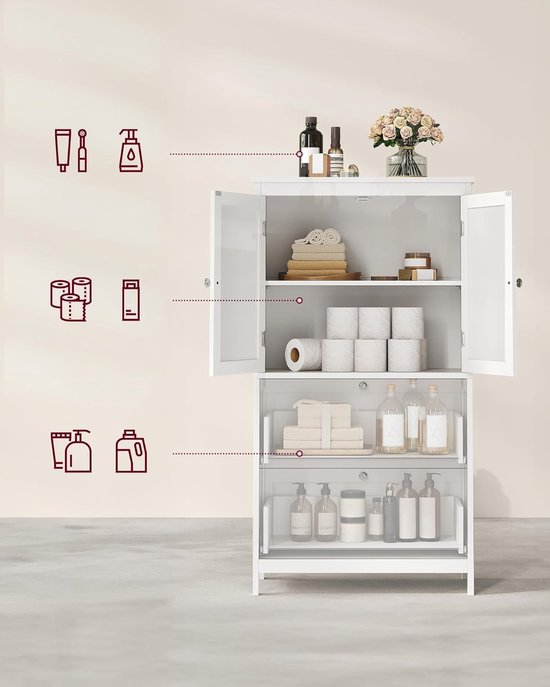 Badkamerkast met 2 Deuren en 2 Laden - Opbergkast voor Badkamer en Keuken - Verstelbare Plank 30x60x110 cm