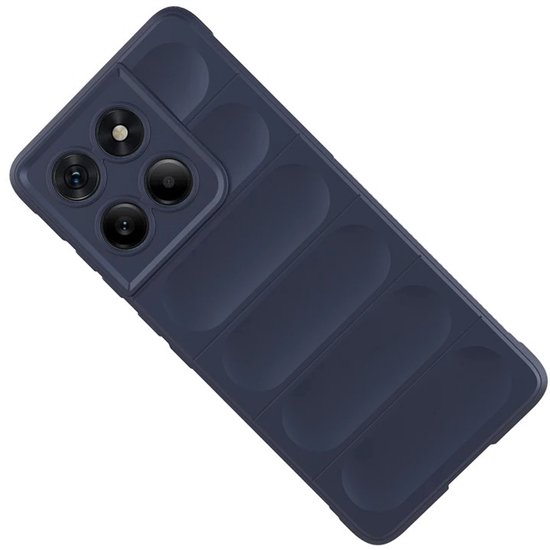Donkerblauwe telefoonhoes met gestreepte achterkant en camera-uitsparing.