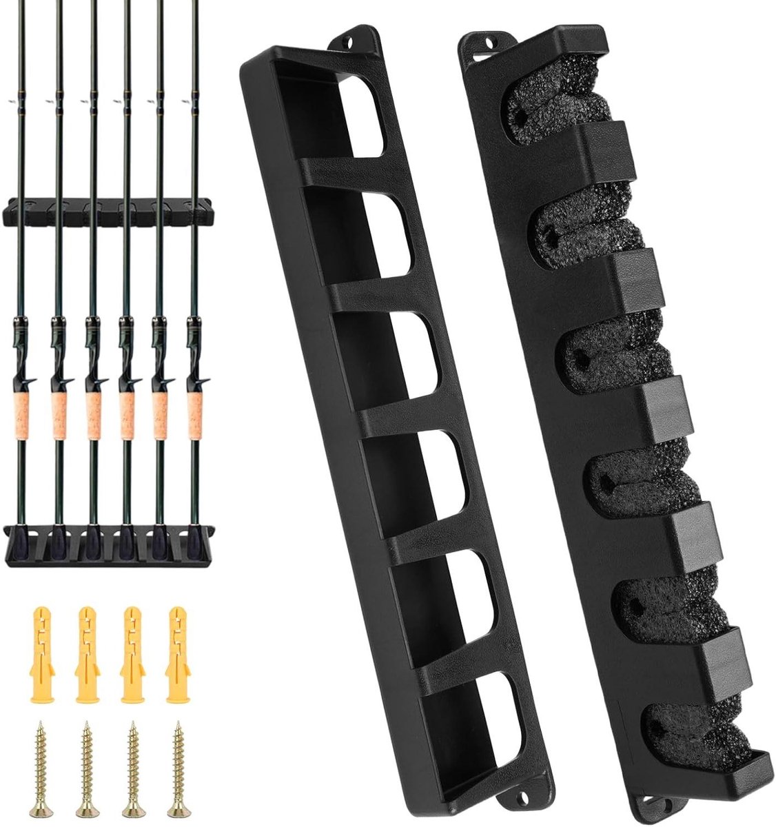 Allecto Plus - 1 Paar Muurbeugels voor 6 Hengels 34.5x6.5cm - Horizontale Verticale Hengelhouder - Opslaghouder voor Garage en Muur - Zwart