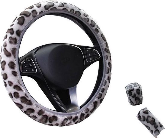 Stuurhoes Auto Set 37-39 cm - Grijs Luipaard Pluche - 3-delig - Kasey Products