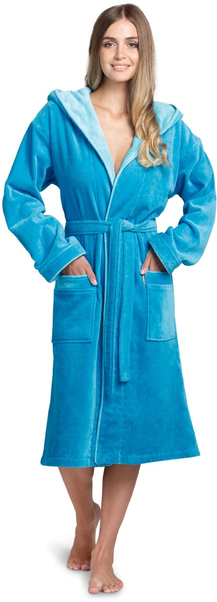 Ibenzoa Luxueuze Damesbadjas van Hoogwaardige Katoen Velours met Capuchon en Oeko-Tex Certificering blauw