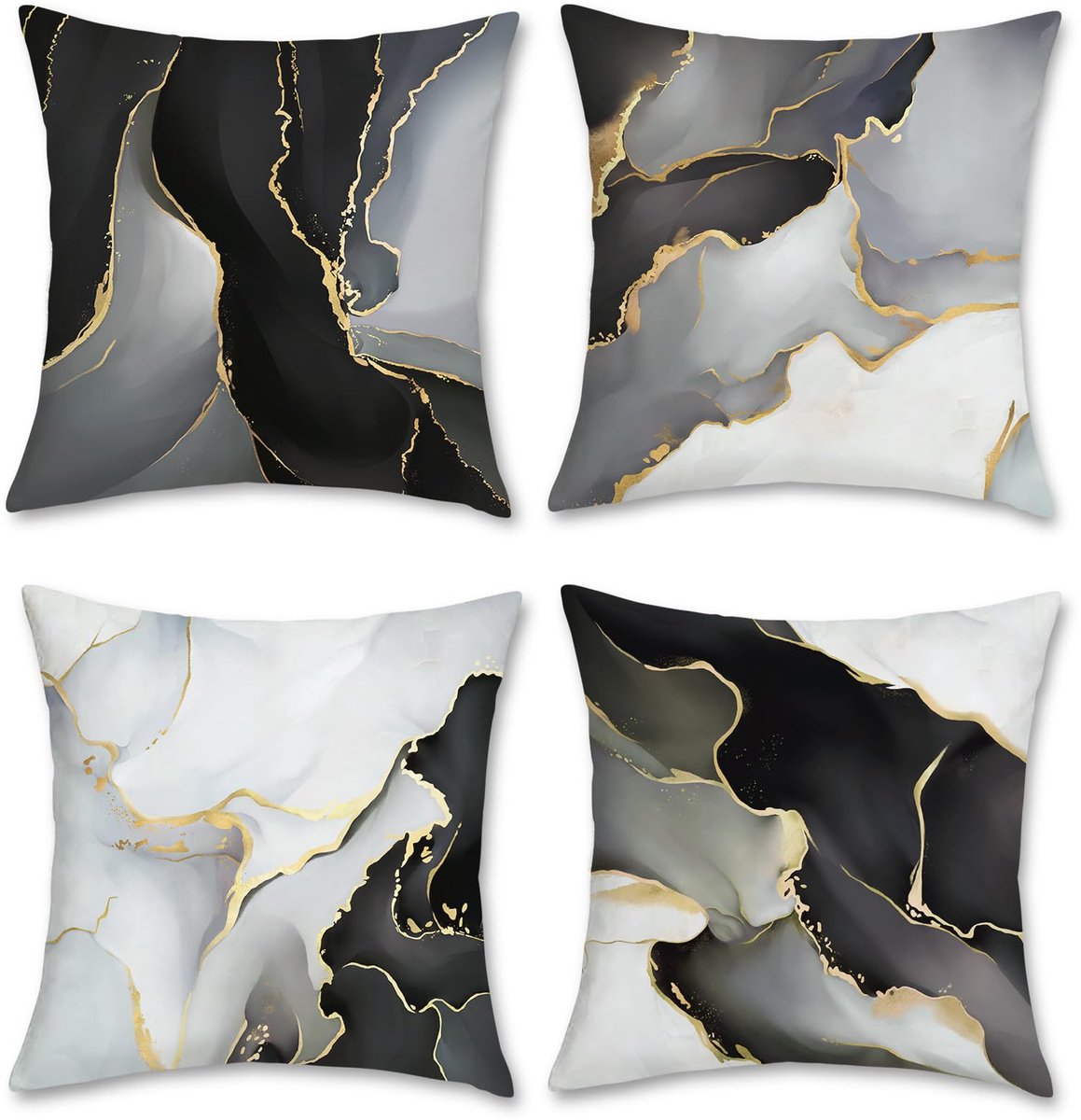 Ibenzoa Set van 4 Luxe Kussenslopen met Moderne Marmerlook in Zwart en Goud, 45 x 45 cm